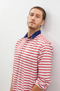 Red and White Striped Collared Shirt - sample outfit photograph