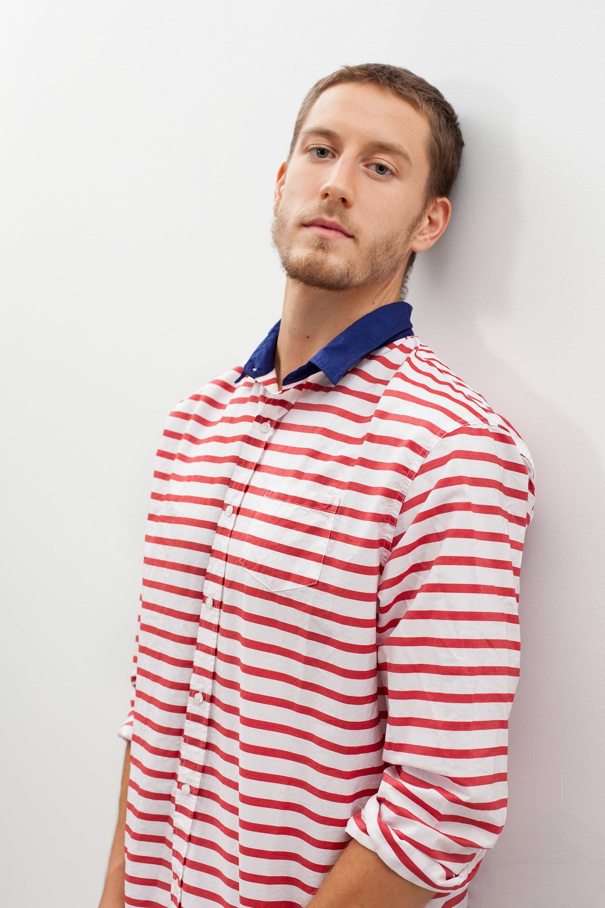 Red and White Striped Collared Shirt - sample outfit photograph