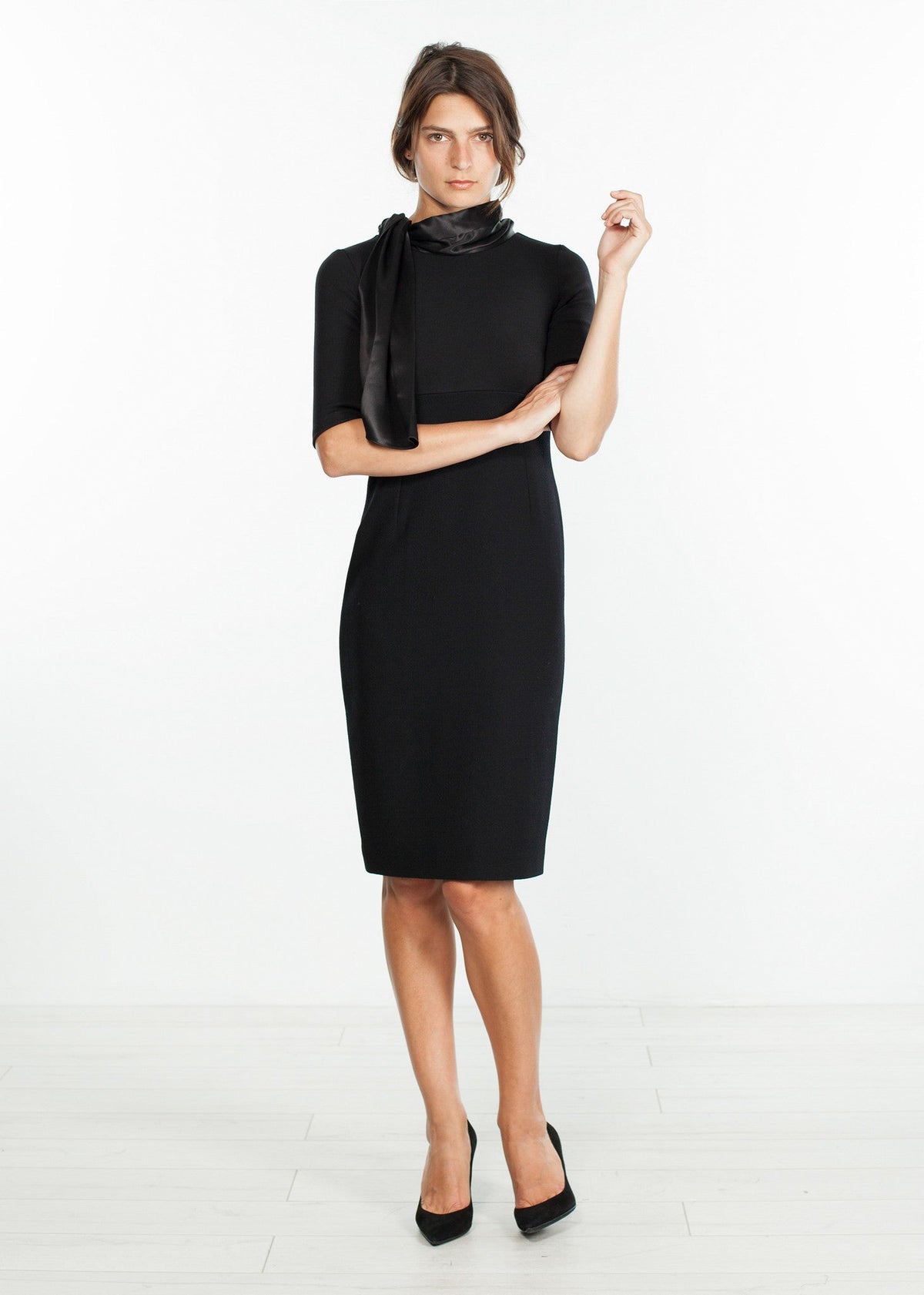 Black Tie-Neck Short-Sleeve Dress - sample outfit photograph