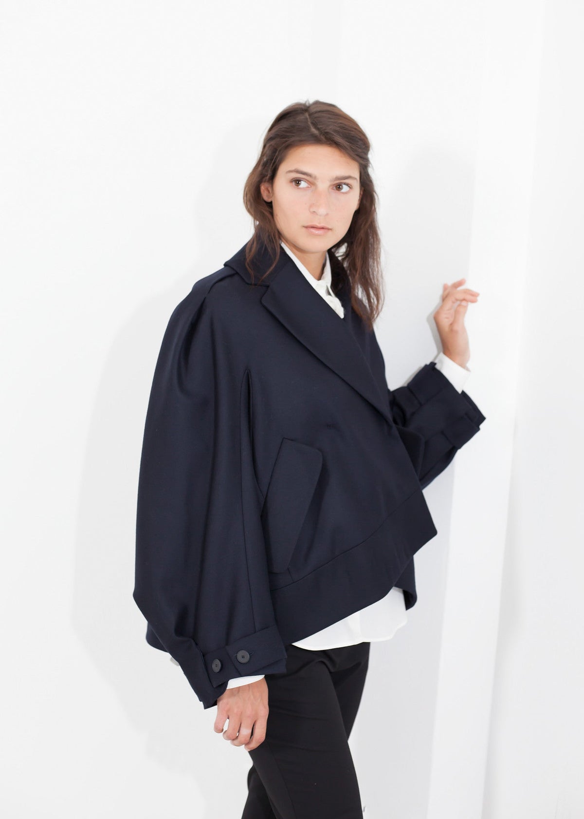 Navy Cocoon Jacket - sample outfit photograph
