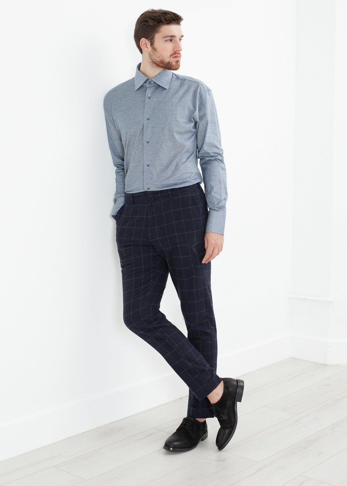 Navy Check Tailored Trousers - sample outfit photograph