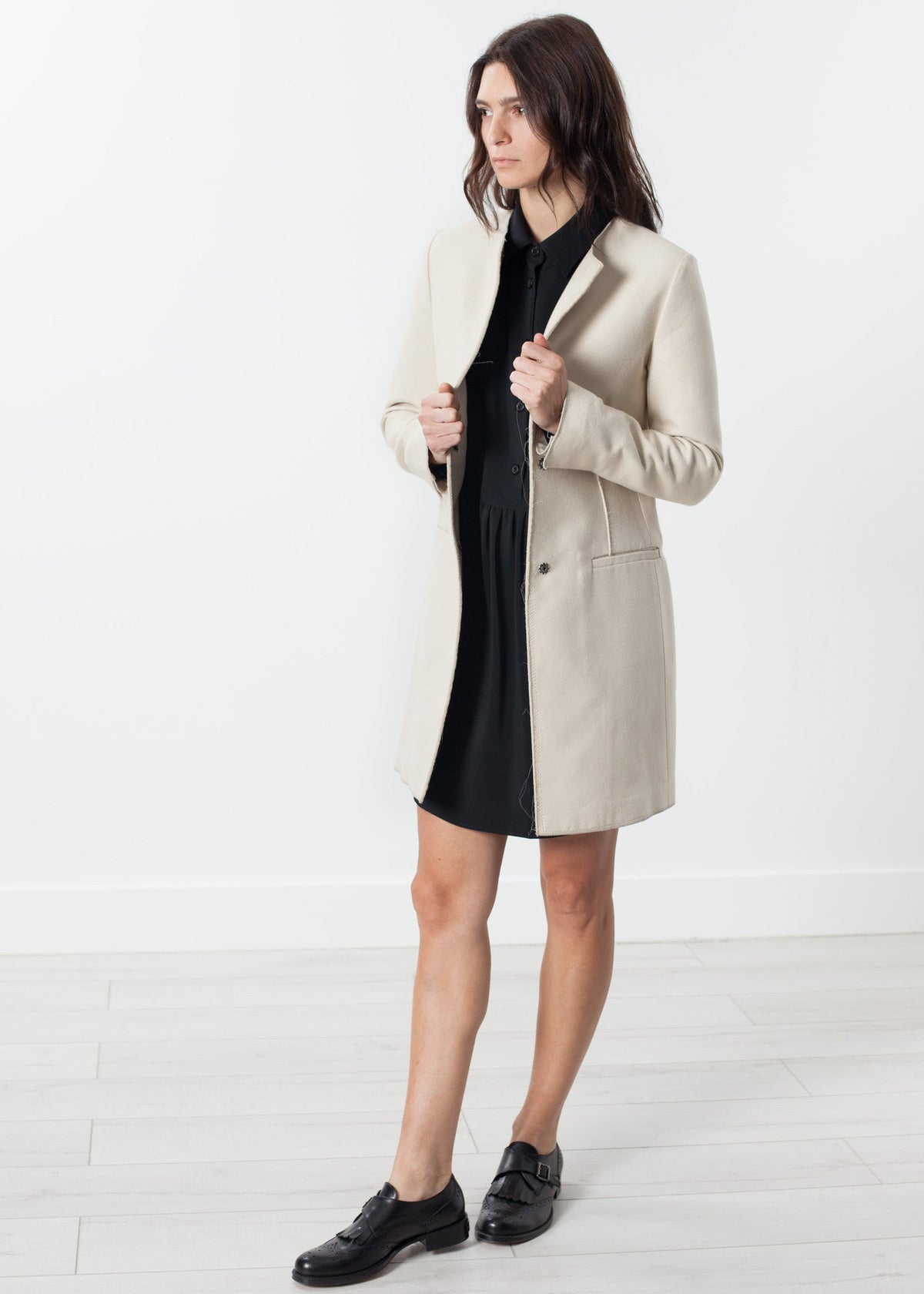 Cream Collarless Long Jacket - sample outfit photograph