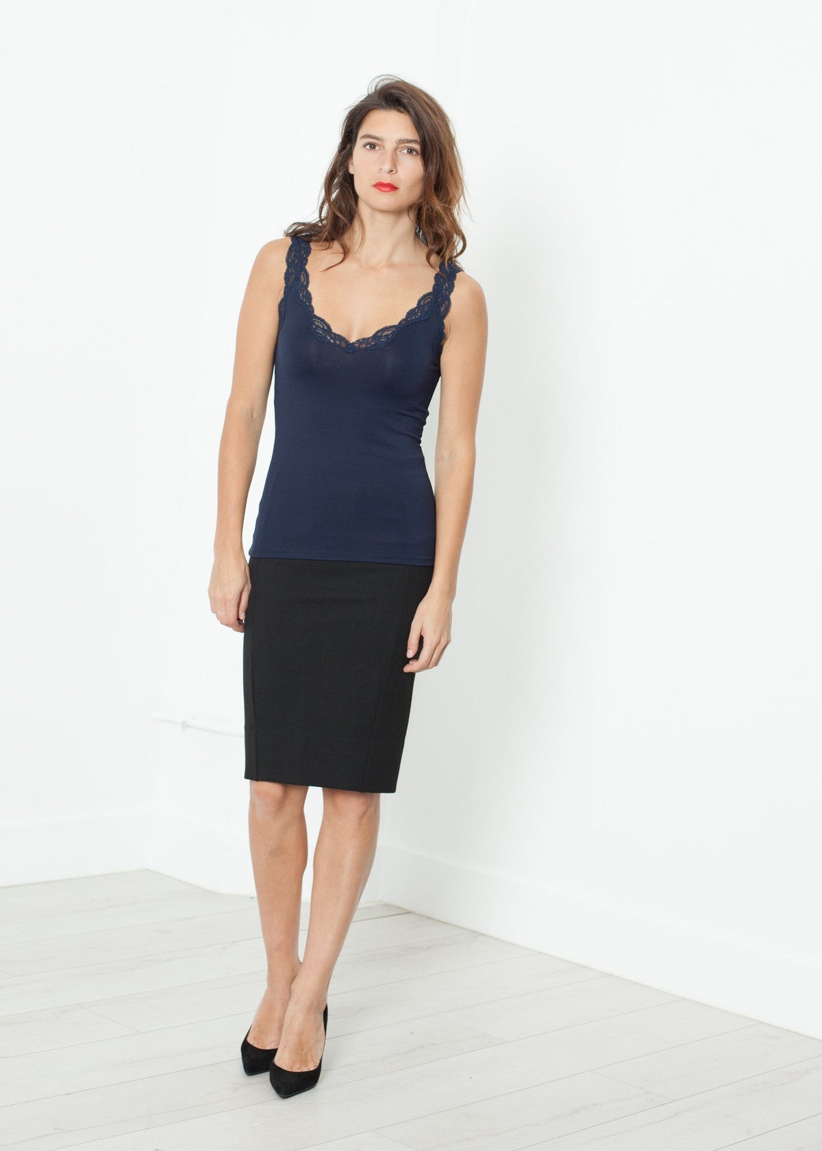 Navy Lace-Trim Camisole - sample outfit photograph