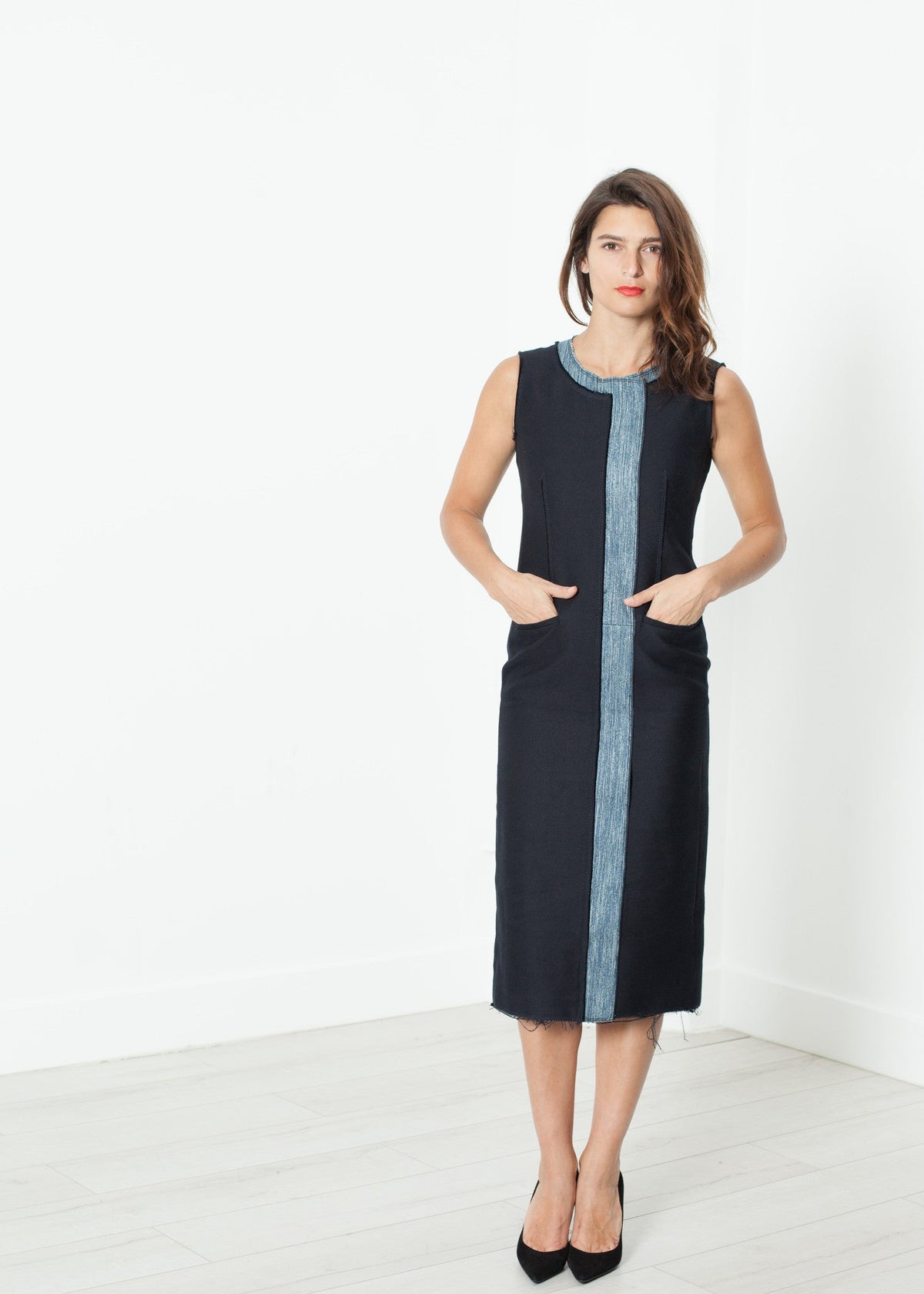 Indigo Contrast-Panel Sleeveless Dress - sample outfit photograph