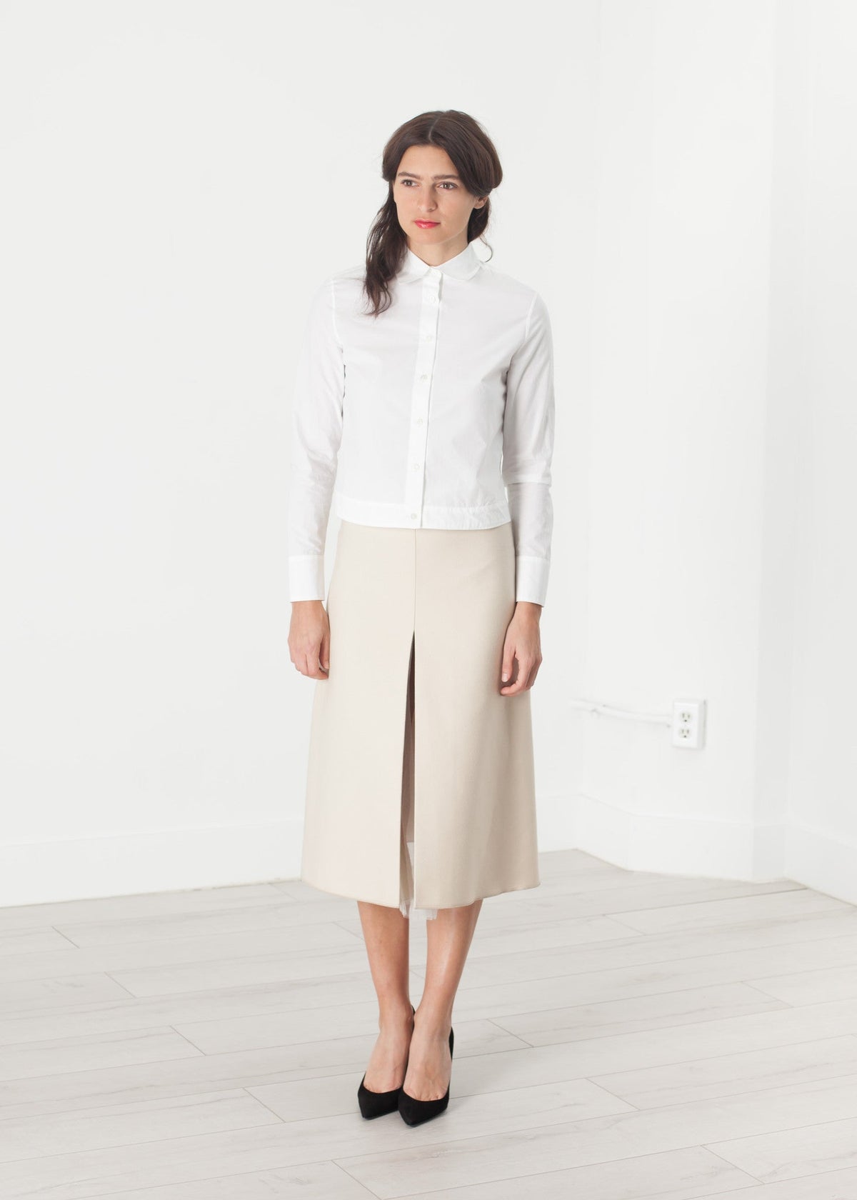 Cream Pleated Midi Skirt - sample outfit photograph