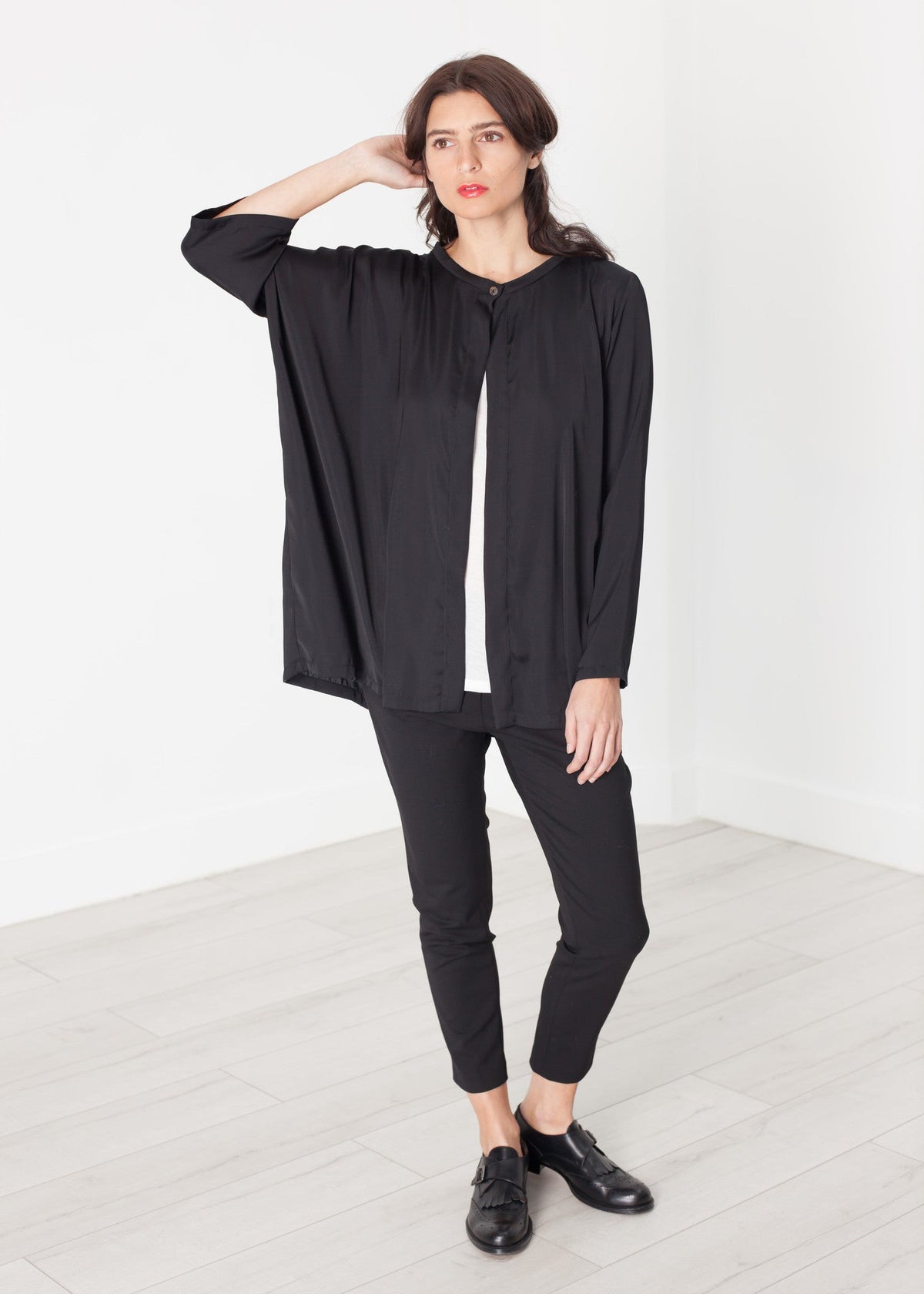 Black Asymmetric Draped Cardigan - sample outfit photograph
